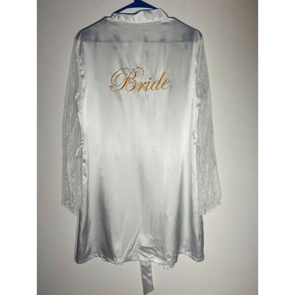 White Satin Bride Robe Lace Sleeve Bridal Wedding Getting Ready Belted Size S/M - Picture 1 of 3